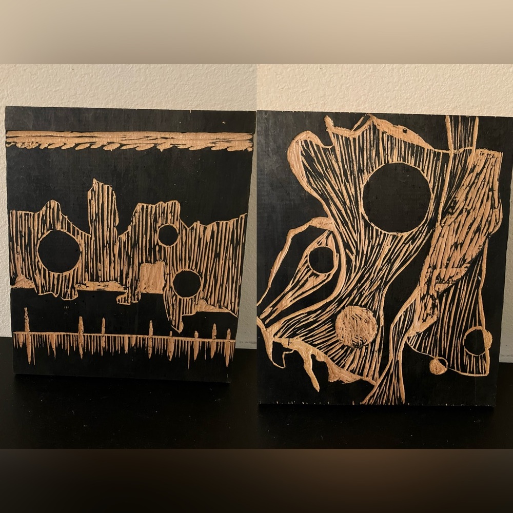 2 Vintage Woodcut prints on wood